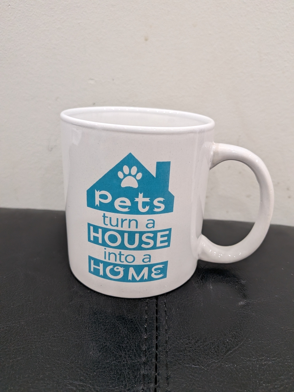 New White Ceramic Mug with Teal 'Pets Turn a House into a Home' Graphic